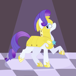 Size: 1000x1000 | Tagged: safe, artist:mylittlegayponies, rarity, pony, unicorn, g4, sparkle's seven, armor, armorarity, checkered floor, curly mane, curly tail, disguise, eyeshadow, female, guard, lidded eyes, looking away, makeup, mare, raised hoof, raised leg, royal guard, royal guard armor, royal guard rarity, shiny, smiling, solo, spotlight