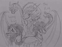 Size: 2132x1613 | Tagged: safe, artist:toonholt, king sombra, kaiju, g4, black and white, crossover, disney, godzilla (series), godzilla: king of the monsters 2019, grayscale, king ghidorah, monochrome, monsterverse, scar (the lion king), sketch, the lion king