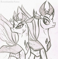 Size: 1560x1603 | Tagged: safe, artist:rossmaniteanzu, pharynx, thorax, changedling, changeling, g4, brothers, changedling brothers, king thorax, male, monochrome, pencil drawing, prince pharynx, siblings, sketch, traditional art