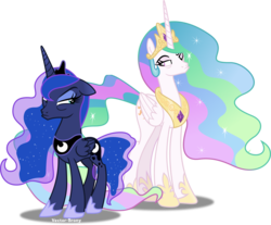 Size: 6736x5583 | Tagged: safe, artist:vector-brony, princess celestia, princess luna, alicorn, pony, g4, sparkle's seven, absurd resolution, crown, duo, female, folded wings, frown, jewelry, looking at each other, mare, pouting, raised eyebrow, regalia, royal sisters, sibling rivalry, simple background, transparent background, vector, wings