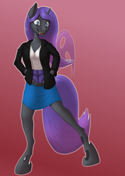 Size: 2480x3508 | Tagged: safe, artist:settop, oc, oc only, oc:viciz, changeling, anthro, changeling oc, clothes, female, hand in pocket, high res, jacket, leather jacket, purple changeling, solo