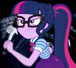 Size: 577x519 | Tagged: safe, derpibooru exclusive, sci-twi, twilight sparkle, human, equestria girls, g4, female, ghost (band), glasses, hammer, solo