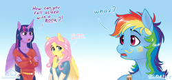 Size: 1350x626 | Tagged: safe, artist:ladychimaera, fluttershy, rainbow dash, twilight sparkle, alicorn, pegasus, anthro, g4, clothes, crossed arms, dialogue, face paint, female, mare, scolding, trio, twilight sparkle (alicorn)