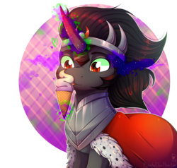 Size: 3000x2850 | Tagged: safe, artist:bladedeehunter, artist:soundwavepie, king sombra, pony, unicorn, g4, abstract background, collaboration, cute, food, high res, ice cream, male, solo, sombradorable, stallion