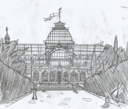 Size: 1541x1317 | Tagged: safe, artist:newman134, fluttershy, spike, spike the regular dog, sunset shimmer, dog, ghost, equestria girls, g4, architecture, building, conservatory, garden, greenhouse, hedge, house sitting, monochrome, original location, pencil drawing, poltergeist, there was an attempt, traditional art