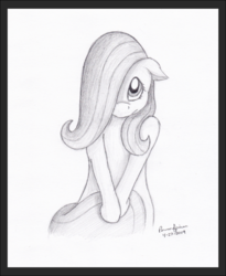 Size: 989x1206 | Tagged: safe, artist:peruserofpieces, fluttershy, pony, g4, covering, cute, female, floppy ears, fluttershy day, hair over one eye, looking at you, looking up, mare, monochrome, pencil drawing, shy, shyabetes, solo, tail hold, traditional art