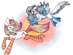 Size: 2048x1536 | Tagged: safe, artist:melonseed11, oc, oc only, oc:cloudy paw, oc:lemonade paradise, earth pony, hybrid, pony, clothes, female, mare, socks, striped socks, winged dog