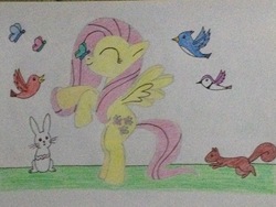 Size: 3264x2448 | Tagged: safe, artist:don2602, fluttershy, bird, butterfly, pegasus, pony, rabbit, squirrel, g4, cute, eyes closed, female, happy, high res, mare, rearing, smiling, solo focus, spread wings, traditional art, wings