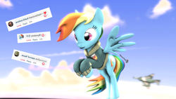 Size: 1920x1080 | Tagged: safe, artist:spinostud, rainbow dash, pegasus, pony, g4, 3d, clothes, f-4 phantom ii, female, flying, mare, pilot dash, plane, request, sky, solo, source filmmaker, thai