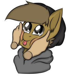 Size: 4960x5100 | Tagged: safe, artist:almond evergrow, oc, oc only, oc:almond evergrow, pony, bust, cheek squish, cuddly, disembodied hand, hand, hands on head, simple background, solo, squishy cheeks, tongue out, transparent background