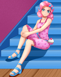 Size: 1600x2000 | Tagged: safe, artist:focusb, pinkie pie, human, equestria girls series, g4, spring breakdown, spoiler:eqg series (season 2), clothes, cute, diapinkes, dress, feet, female, full body, humanized, looking at you, sandals, smiling, solo