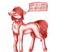 Size: 1024x732 | Tagged: safe, artist:uglypartyhat, oc, oc only, oc:iris, earth pony, pony, antichrist, bow, dialogue, simple background, talking, text, transparent background