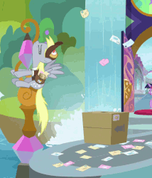 Size: 683x797 | Tagged: safe, screencap, derpy hooves, twilight sparkle, alicorn, pony, g4, the point of no return, animated, box, female, letter, mail, twilight sparkle (alicorn), waterfall