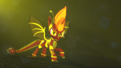 Size: 3840x2160 | Tagged: safe, oc, oc only, oc:delta firedash, dracony, hybrid, pony, robot, robot pony, 3d, female, glowing claws, glowing horns, glowing spikes, high res, horns, robot dracony, scales, shiny, solo, source filmmaker, spread wings, wings