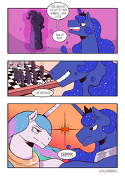 Size: 2480x3508 | Tagged: safe, artist:raph13th, princess celestia, princess luna, alicorn, pony, comic:glim glam and pals, g4, chess, comic, dialogue, duo, eye contact, female, high res, levitation, looking at each other, magic, mare, telekinesis