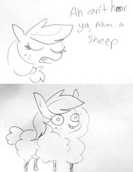 Size: 1340x1738 | Tagged: safe, artist:tjpones, applejack, pony, sheep, g4, look before you sleep, beep beep, bucktooth, female, monochrome, pun, silly, silly pony, sketch, solo, species swap, who's a silly pony, word play