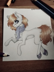 Size: 3120x4160 | Tagged: safe, artist:uglypartyhat, oc, oc only, oc:connor, earth pony, pony, clothes, colored pencil drawing, colored pencils, happy, ice skating, photo, scarf, solo, traditional art