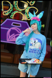 Size: 3456x5184 | Tagged: safe, artist:krazykari, artist:moozua, sonata dusk, sweetie belle, human, pony, g4, clothes, cosplay, costume, cute, diasweetes, fast food, female, food, irl, irl human, moozua is trying to murder us, photo, pun, smiling, solo, taco, taco bell, taco belle, visual pun