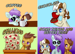 Size: 2240x1604 | Tagged: safe, artist:zoiby, oc, oc:lovelace, oc:marigold, oc:sunshine morning, earth pony, pony, unicorn, ask pun, ask, chocolate, coffee, female, food, mare