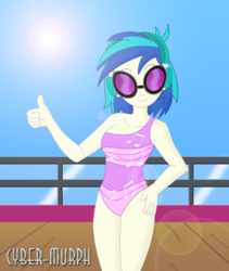 Size: 1488x1764 | Tagged: safe, artist:cyber-murph, dj pon-3, vinyl scratch, equestria girls, equestria girls specials, g4, my little pony equestria girls: better together, my little pony equestria girls: spring breakdown, clothes, cruise, curvy, legs together, one-piece swimsuit, show accurate, signature, sunglasses, swimsuit, thumbs up, yacht