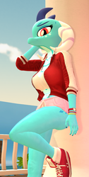 Size: 544x1080 | Tagged: safe, artist:papadragon69, princess ember, dragon, anthro, g4, 3d, against wall, arm behind head, breasts, clothes, female, jacket, midriff, shoes, sneakers, solo, source filmmaker, sports bra