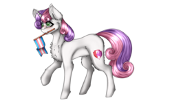 Size: 1280x800 | Tagged: safe, artist:uglypartyhat, sweetie belle, pony, unicorn, g4, cutie mark, female, filly, flag, lgbt, lgbt headcanon, mouth hold, pride, pride flag, simple background, solo, the cmc's cutie marks, trans female, trans sweetie belle, transgender, transgender pride flag, transparent background