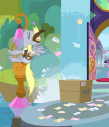 Size: 682x796 | Tagged: safe, edit, edited screencap, screencap, derpy hooves, twilight sparkle, alicorn, pony, g4, the point of no return, animated, behaving like a cat, box, cropped, female, gif, letter, loop, mail, reversed, slide, solo focus, twilight sparkle (alicorn), waterfall