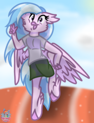 Size: 827x1086 | Tagged: safe, artist:rainbow eevee, silverstream, hippogriff, anthro, unguligrade anthro, g4, clothes, cloud, cute, diastreamies, female, gym uniform, happy, looking at you, peace, running, shadow, sky, solo, track