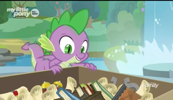 Size: 1240x717 | Tagged: safe, screencap, spike, dragon, g4, the point of no return, book, box, claws, discovery family logo, male, scroll, smiling, tail, winged spike, wings