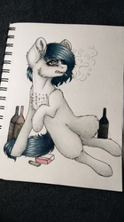 Size: 2336x4160 | Tagged: safe, artist:uglypartyhat, oc, oc only, earth pony, pony, alcohol, bags under eyes, bottle, cigarette, depressed, lighter, photo, sad, sitting, smoking, traditional art