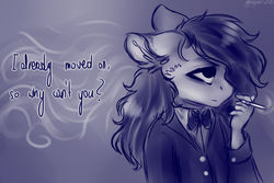 Size: 1280x854 | Tagged: safe, artist:uglypartyhat, oc, oc only, oc:connie, earth pony, anthro, bowtie, cigarette, clothes, female, hand, mare, photo, shirt, smoking, suit, text, traditional art
