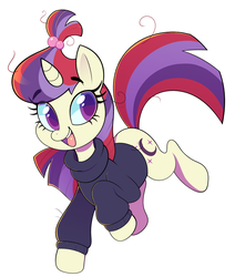 Size: 2894x3414 | Tagged: safe, alternate version, artist:norithecat, moondancer, pony, unicorn, g4, aside glance, clothes, cute, dancerbetes, digital, female, happy, high res, looking at you, mare, missing accessory, open mouth, open smile, running, simple background, smiling, solo, sweater, three quarter view, turtleneck, white background
