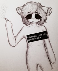 Size: 2205x2698 | Tagged: safe, artist:uglypartyhat, oc, oc only, oc:connor, earth pony, semi-anthro, arm hooves, bipedal, cigarette, high res, photo, polish, sad, smoking, traditional art, translated in the description
