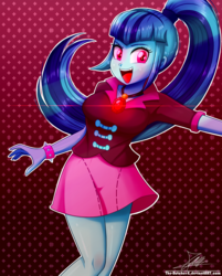 Size: 1060x1320 | Tagged: safe, artist:the-butch-x, sonata dusk, equestria girls, g4, my little pony equestria girls: rainbow rocks, birthday gift, breasts, clothes, cute, female, gem, legs, looking at you, miniskirt, open mouth, ponytail, signature, siren gem, skirt, smiling, solo, sonatabetes, spiked wristband, wristband