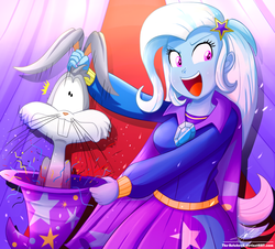 Size: 1060x960 | Tagged: safe, artist:the-butch-x, trixie, equestria girls, g4, bugs bunny, bunny out of the hat, cape, clothes, commission, crossover, cute, diatrixes, hat, jokes in the comments, looney tunes, magic show, magic trick, male, open mouth, smiling, trixie's cape, trixie's hat