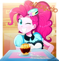 Size: 1020x1060 | Tagged: safe, artist:the-butch-x, pinkie pie, coinky-dink world, eqg summertime shorts, equestria girls, g4, affogato, apron, carhop, clothes, coffee, cup, cute, dessert, diapinkes, espresso, female, food, grin, ice cream, italian, looking at you, one eye closed, server pinkie pie, signature, smiling, solo, spoon, translated in the description, tray, waitress, wink