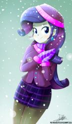 Size: 1020x1760 | Tagged: safe, artist:the-butch-x, rarity, equestria girls, g4, bundled up for winter, clothes, coat, cute, ear piercing, earring, female, gloves, hat, jewelry, looking at you, miniskirt, pantyhose, piercing, plaid skirt, raribetes, scarf, signature, skirt, smiling, snow, solo, winter outfit
