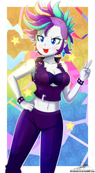 Size: 1020x1860 | Tagged: safe, artist:the-butch-x, rarity, equestria girls, g4, it isn't the mane thing about you, season 7, alternate hairstyle, belly button, breasts, busty rarity, cleavage, clothes, female, hand on hip, midriff, open mouth, pants, peace sign, punk, raripunk, signature, solo, tongue out