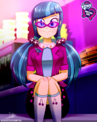 Size: 920x1160 | Tagged: safe, artist:the-butch-x, part of a set, juniper montage, equestria girls, mirror magic, movie magic, spoiler:eqg specials, breasts, butch's hello, clothes, concession stand, cute, equestria girls logo, female, glasses, hello x, kneesocks, looking at you, pigtails, sitting, skirt, smiling, socks, solo, theater, twintails