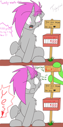Size: 3000x6000 | Tagged: safe, artist:fajnyziomal, oc, oc only, oc:purple light, oc:świstek, pony, unicorn, comic:świstek, auction, cheek fluff, chest fluff, comic, dialogue, exclamation point, female, frown, interrobang, mare, offscreen character, open mouth, question mark, raised hoof, shoulder fluff, sign, sitting, solo focus, wide eyes