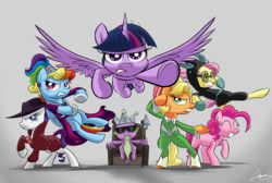Size: 3224x2172 | Tagged: safe, artist:oinktweetstudios, applejack, fluttershy, pinkie pie, rainbow dash, rarity, spike, twilight sparkle, alicorn, dragon, earth pony, pegasus, pony, unicorn, g4, sparkle's seven, action pose, alternate hairstyle, apple chord, badass, bunny ears, clothes, costume, crown, dangerous mission outfit, detective rarity, dress, fedora, female, flutterbadass, goggles, hard-won helm of the sibling supreme, hat, high res, hoodie, male, mane seven, mane six, mare, megaradash, smiling, squad, sunglasses, throne, trenchcoat, twilight sparkle (alicorn)