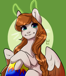 Size: 2000x2300 | Tagged: safe, artist:purry much, oc, oc:scarlett drop, pegasus, pony, braid, bunny ears, crossed arms, crossed hooves, easter egg, eyelashes, festive, holiday, looking up, scarricane, shading, shiny mane, shipping, two toned wings