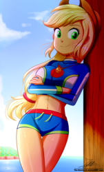 Size: 820x1360 | Tagged: safe, artist:the-butch-x, applejack, series:butch's paradiso, equestria girls, g4, my little pony equestria girls: better together, applejack's hat, belly button, breasts, busty applejack, butch's paradiso, clothes, cloud, cowboy hat, crossed legs, female, freckles, geode of super strength, hat, jewelry, magical geodes, midriff, necklace, paradiso x, signature, sky, smiling, solo, stetson, swimsuit