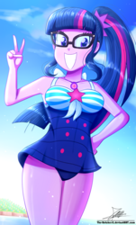 Size: 820x1360 | Tagged: safe, artist:the-butch-x, sci-twi, twilight sparkle, series:butch's paradiso, equestria girls, g4, my little pony equestria girls: better together, adorasexy, adorkable, adorkasexy, attached skirt, beautiful, big breasts, blue swimsuit, breasts, busty sci-twi, busty twilight sparkle, butch's paradiso, clothes, cloud, cute, dork, female, geode of telekinesis, glasses, grin, hand on hip, jewelry, magical geodes, necklace, one-piece swimsuit, paradiso x, peace sign, ponytail, pretty, sexy, signature, skirt, sky, smiling, solo, speedpaint available, striped swimsuit, swimsuit, tricolor swimsuit, twiabetes