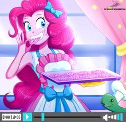 Size: 1160x1120 | Tagged: safe, artist:the-butch-x, pinkie pie, tank, equestria girls, g4, my little pony equestria girls: better together, the craft of cookies, apron, armpits, baking sheet, chef's hat, clothes, cookie, curtains, cute, diapinkes, eating, female, food, hat, oven mitts, signature, smiling, solo, tray, window