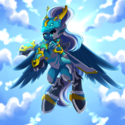 Size: 5555x5555 | Tagged: safe, artist:airiniblock, oc, oc only, oc:vivid tone, pegasus, pony, rcf community, absurd resolution, armor, commission, female, flying, mare, overwatch, pharah, smiling, solo