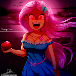 Size: 1600x1600 | Tagged: safe, artist:the-butch-x, fluttershy, bat, vampire, bats!, equestria girls, g4, my little pony equestria girls: better together, season 4, apple, beautiful, breasts, busty fluttershy, cleavage, clothes, dress, evil grin, fangs, female, fluttershy boho dress, food, geode of fauna, glowing eyes, grin, hairpin, intimidating, jewelry, looking at you, magical geodes, necklace, open mouth, signature, slit pupils, smiling, solo