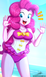 Size: 820x1360 | Tagged: safe, artist:the-butch-x, pinkie pie, series:butch's paradiso, equestria girls, equestria girls series, g4, attached skirt, beach, beach babe, beautiful, bow swimsuit, butch's paradiso, clothes, cute, diapinkes, female, frilled swimsuit, one-piece swimsuit, paradiso x, pink swimsuit, signature, skirt, smiling, solo, swimsuit, thighs, tricolor swimsuit, underass