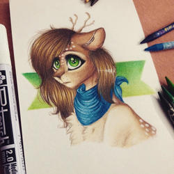 Size: 1024x1024 | Tagged: safe, artist:uglypartyhat, oc, oc only, deer pony, original species, bust, chest fluff, neckerchief, photo, portrait, traditional art