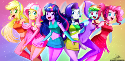 Size: 1460x720 | Tagged: safe, artist:the-butch-x, applejack, fluttershy, pinkie pie, rainbow dash, rarity, twilight sparkle, alicorn, fairy, human, equestria girls, g4, aisha, bare shoulders, belly button, bloom (winx club), boots, breasts, charmix, clothes, commission, convergence, cosplay, costume, crossover, crown, dress, fairies, fairies are magic, fairy wings, fairyized, female, flora (winx club), freckles, humane five, humane six, jewelry, layla, looking at you, magdalena krylik, magic winx, midriff, musa, necklace, open mouth, pink dress, polish, red dress, regalia, shoes, shorts, signature, skirt, smiling, stella (winx club), strapless, tecna, twilight sparkle (alicorn), voice actor joke, wings, winx, winx club, winxified